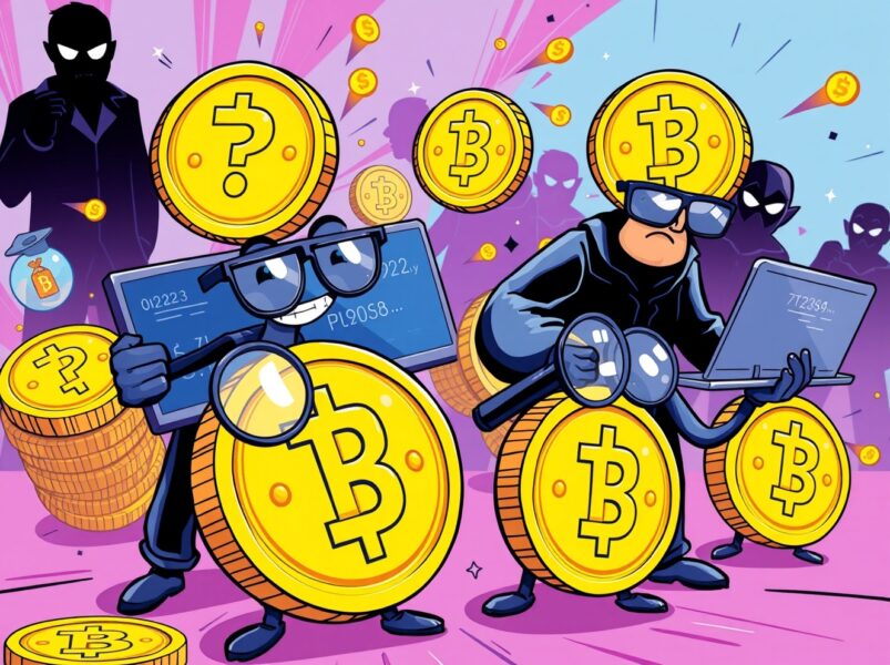 Cartoon investigation revealing crypto exchanges illicit trades with magnifying glasses and digital coins
