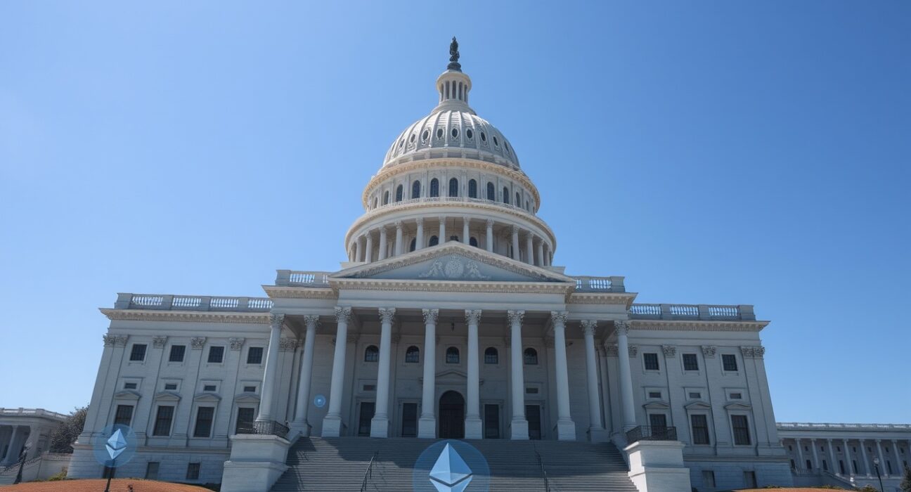 U.S. Capitol building with holographic cryptocurrency symbols representing lobbying efforts