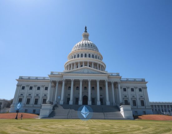 U.S. Capitol building with holographic cryptocurrency symbols representing lobbying efforts