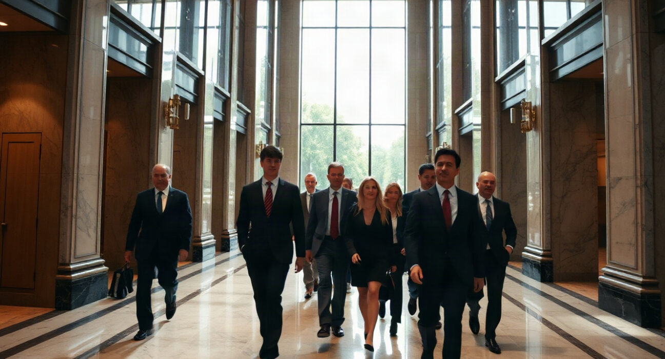 Crypto executives in discussion with U.S. Commerce Secretary Howard Lutnick in a government building.