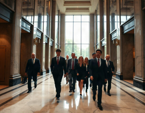 Crypto executives in discussion with U.S. Commerce Secretary Howard Lutnick in a government building.