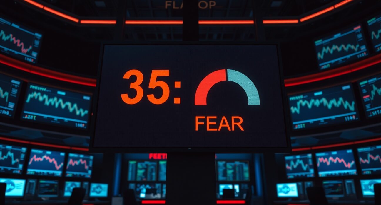 Digital display showing Crypto Fear and Greed Index at 35 in the fear zone on a trading floor.