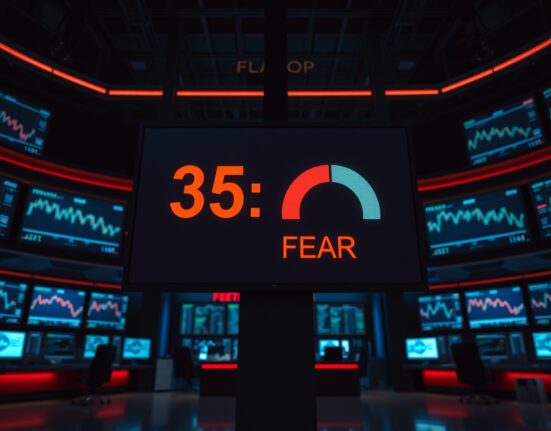 Digital display showing Crypto Fear and Greed Index at 35 in the fear zone on a trading floor.