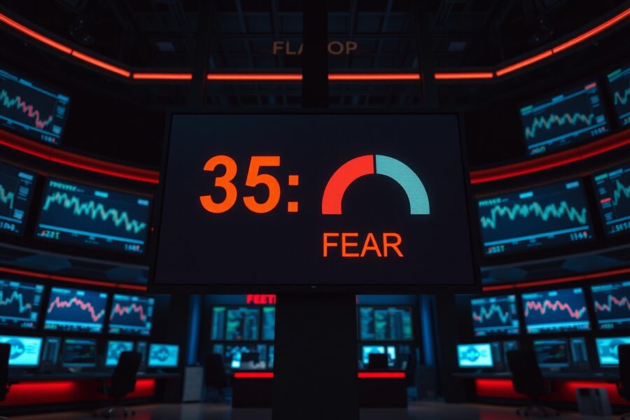 Digital display showing Crypto Fear and Greed Index at 35 in the fear zone on a trading floor.