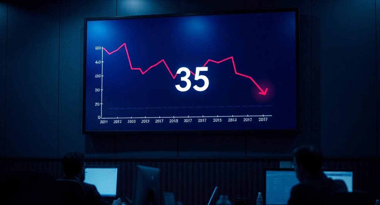 Digital display showing Crypto Fear and Greed Index at 35 in a dim trading office