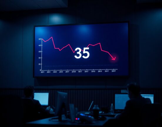 Digital display showing Crypto Fear and Greed Index at 35 in a dim trading office