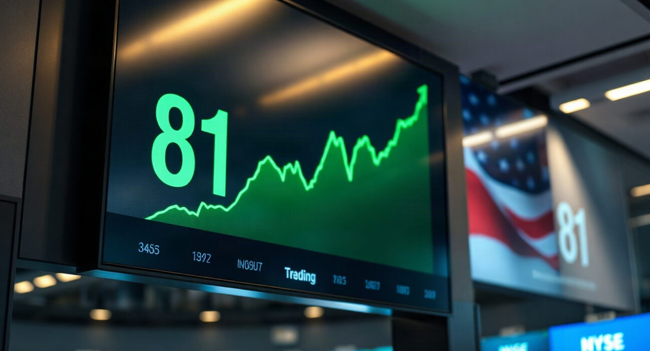 Crypto fear and greed index at 81 on a digital display, indicating extreme greed in the market.