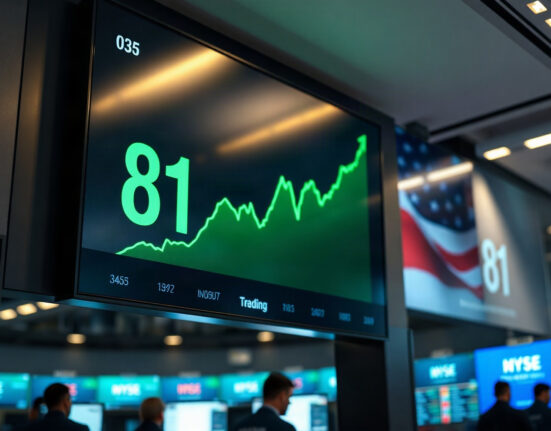 Crypto fear and greed index at 81 on a digital display, indicating extreme greed in the market.