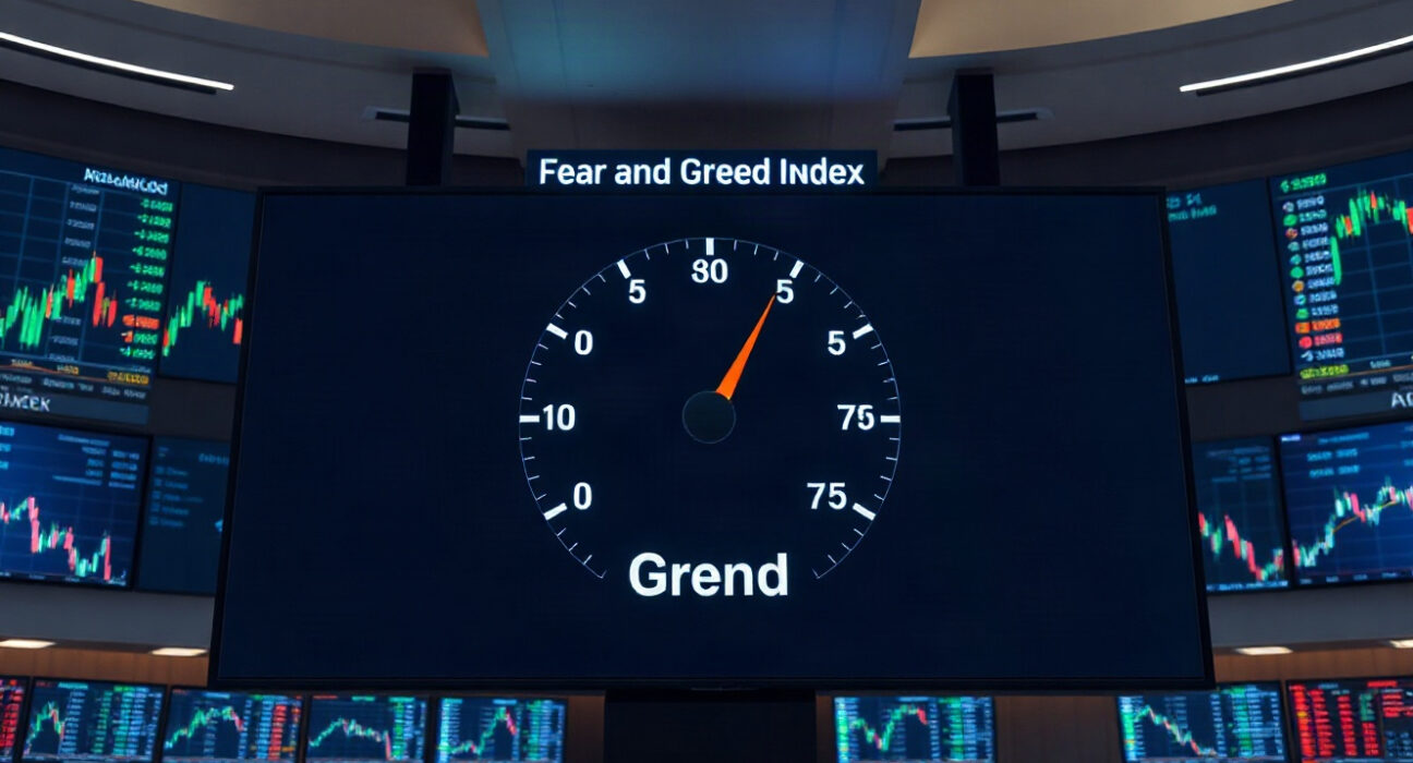 Crypto fear and greed index gauge showing 75, indicating greed territory in a trading environment