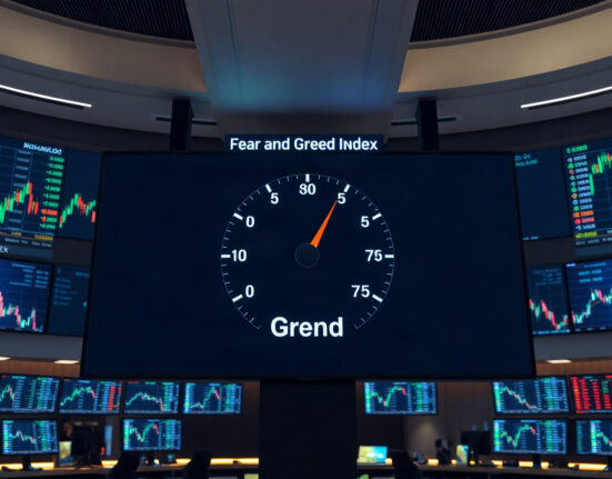 Crypto fear and greed index gauge showing 75, indicating greed territory in a trading environment