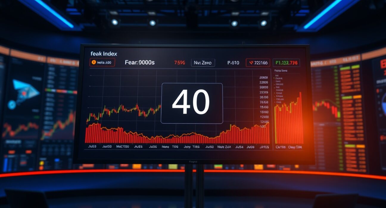 Digital display of Crypto Fear and Greed Index at 40 in neutral zone with market charts