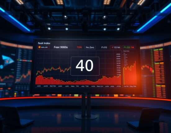 Digital display of Crypto Fear and Greed Index at 40 in neutral zone with market charts