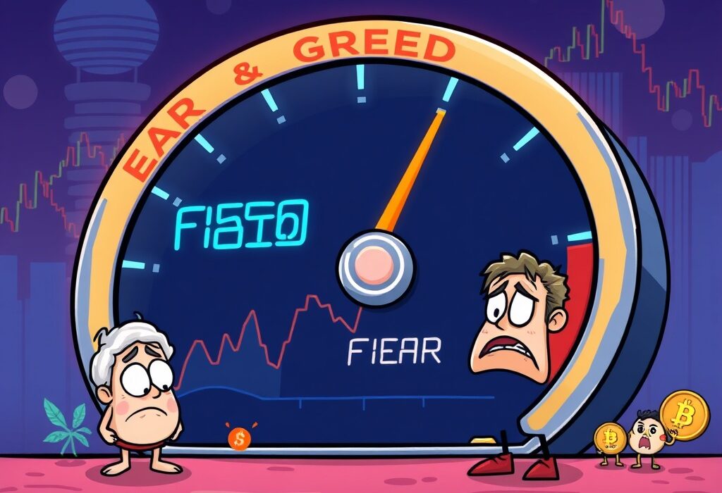 A cartoon illustration showing the Crypto Fear & Greed Index seesaw, with 'Greed' outweighing 'Fear,' symbolizing current market sentiment.