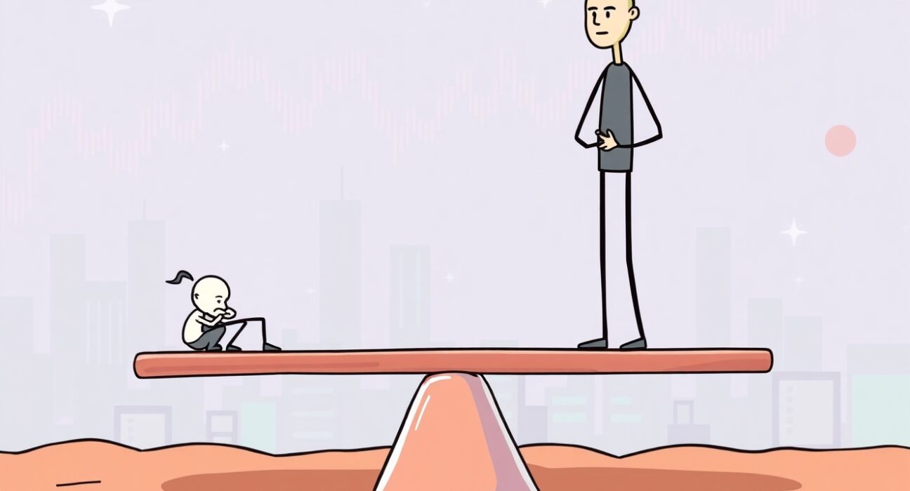 A cartoon illustration showing the Crypto Fear & Greed Index at a neutral 53, reflecting balanced market sentiment between fear and optimism.