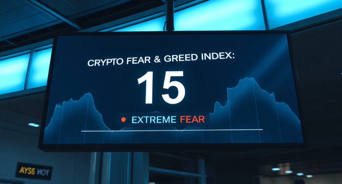 Crypto Fear & Greed Index display showing a reading of 15, indicating extreme fear in the cryptocurrency market.