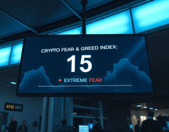 Crypto Fear & Greed Index display showing a reading of 15, indicating extreme fear in the cryptocurrency market.