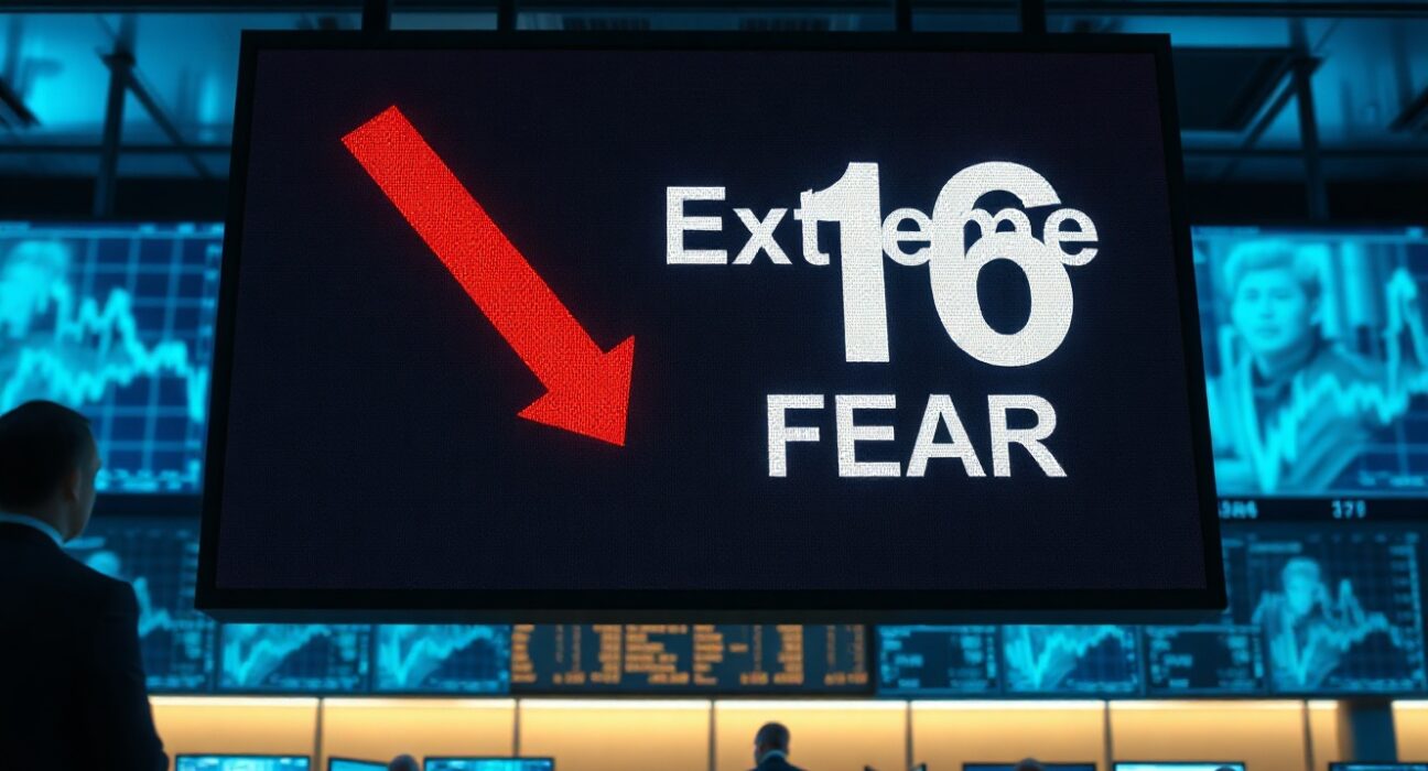 Digital display showing Fear & Greed Index at 16 in Extreme Fear on a trading floor