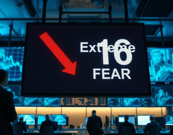 Digital display showing Fear & Greed Index at 16 in Extreme Fear on a trading floor