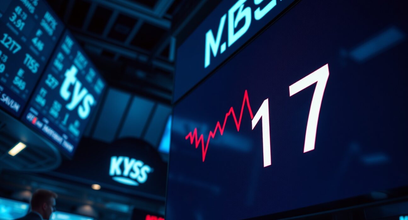 Digital display showing Crypto Fear & Greed Index at 17 with a red graph on a trading floor