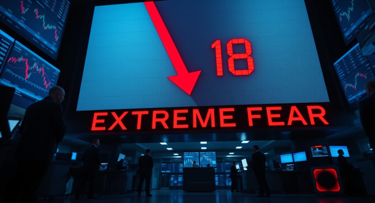 Digital display showing Crypto Fear & Greed Index at 18 in Extreme Fear zone on a trading floor