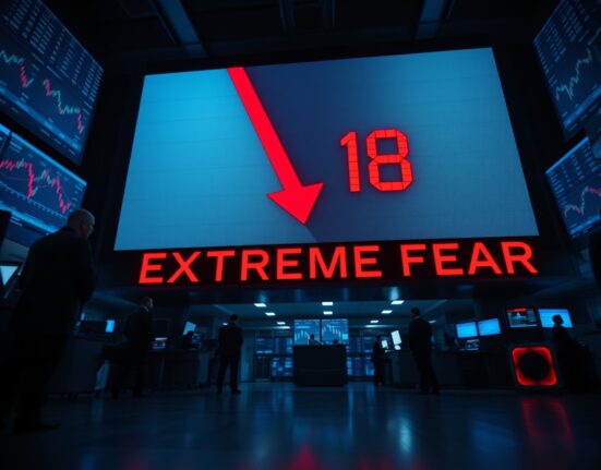 Digital display showing Crypto Fear & Greed Index at 18 in Extreme Fear zone on a trading floor