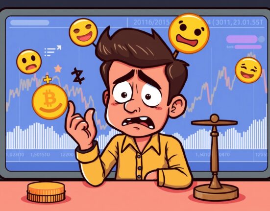 Crypto Fear & Greed Index illustration showing nervous investor analyzing market sentiment