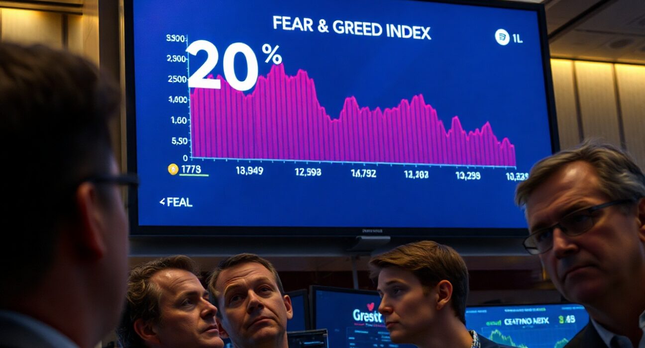 Digital screen showing Crypto Fear & Greed Index at 20 with red chart indicating extreme market fear