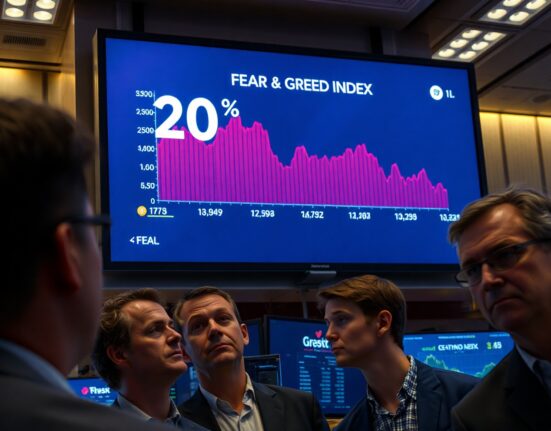 Digital screen showing Crypto Fear & Greed Index at 20 with red chart indicating extreme market fear