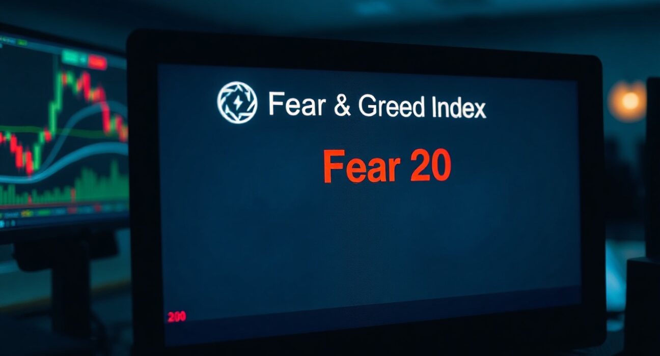 Digital screen showing the Crypto Fear & Greed Index at 20, indicating market fear