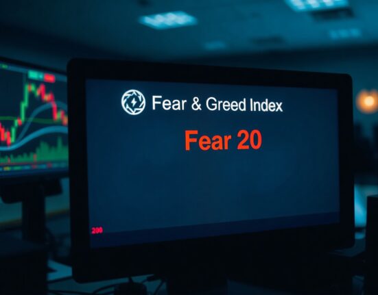Digital screen showing the Crypto Fear & Greed Index at 20, indicating market fear
