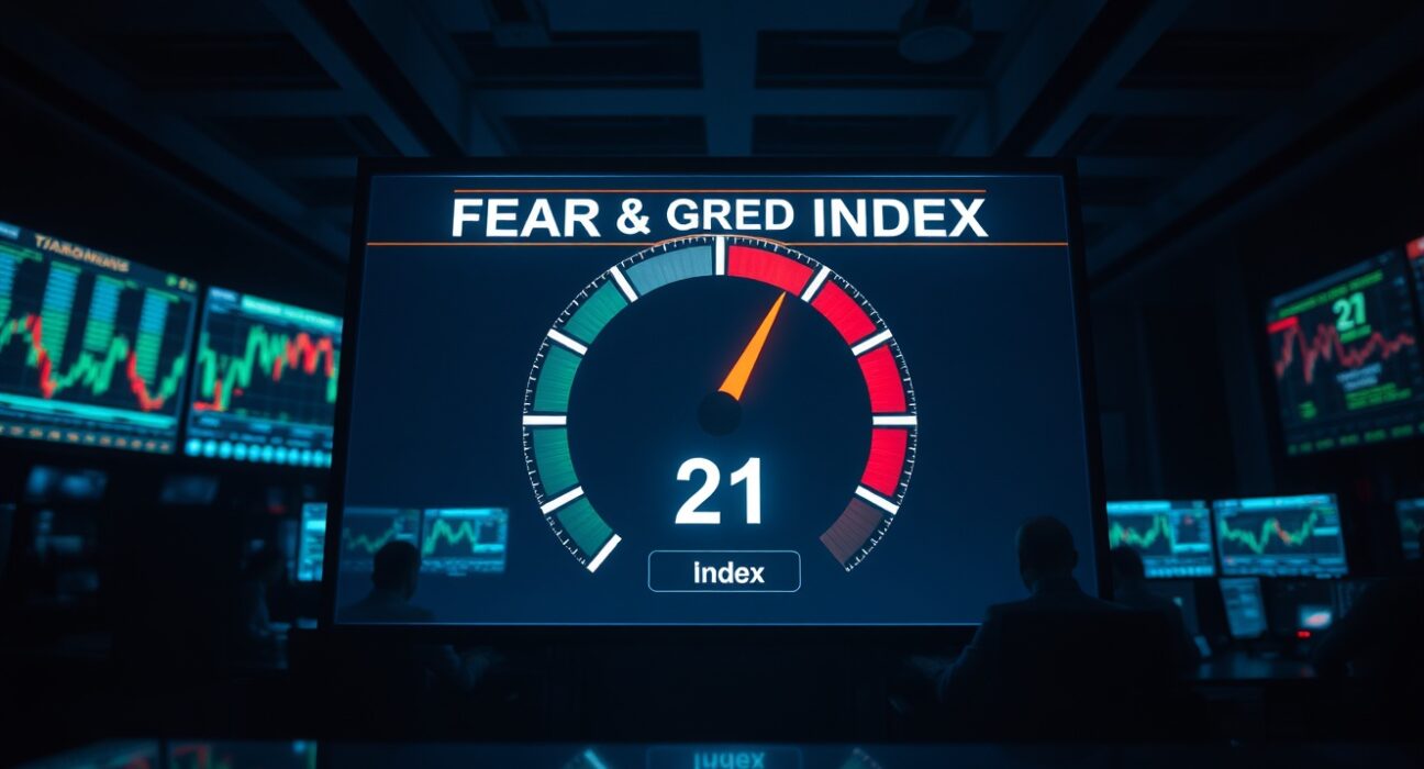Crypto Fear & Greed Index gauge showing fear at 21 in a trading floor setting