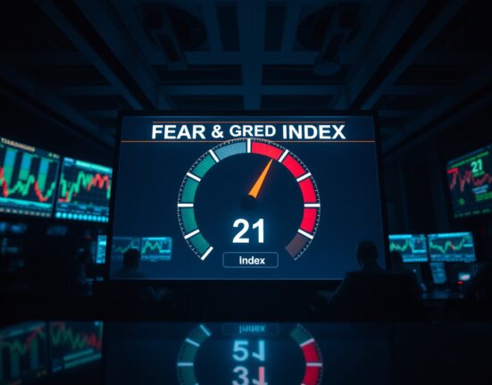 Crypto Fear & Greed Index gauge showing fear at 21 in a trading floor setting