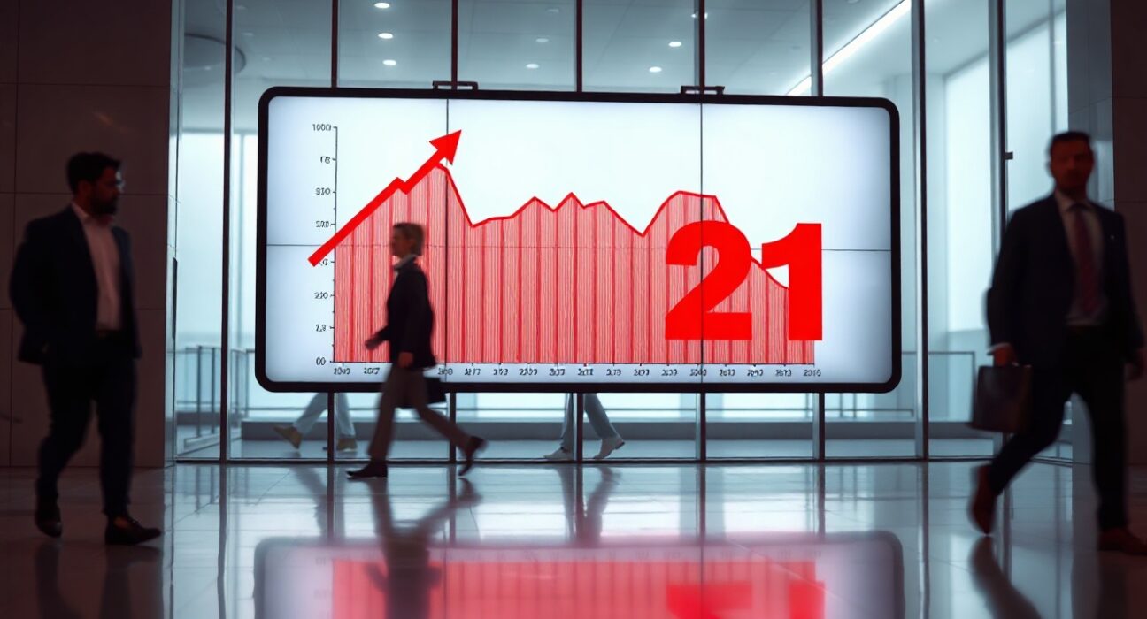 Digital display showing Crypto Fear and Greed Index at 21 in a modern financial lobby