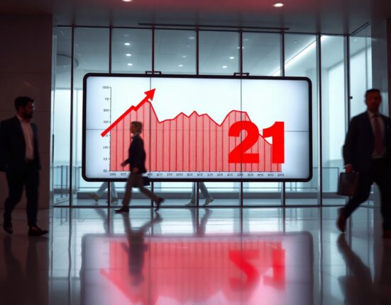 Digital display showing Crypto Fear and Greed Index at 21 in a modern financial lobby
