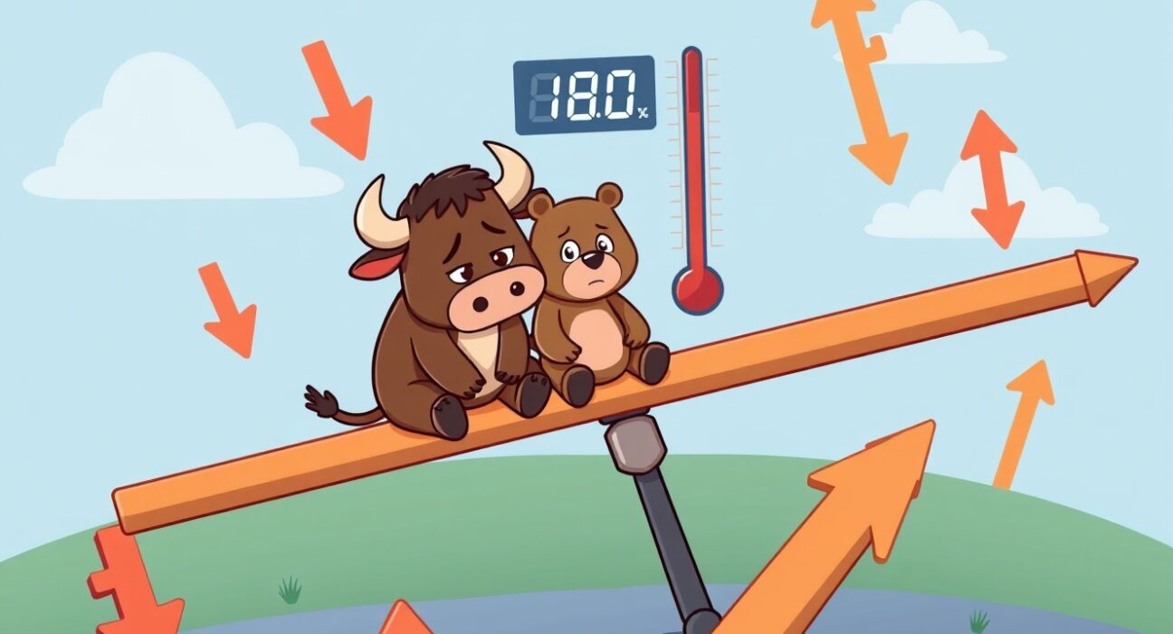 Cartoon illustration of the Crypto Fear & Greed Index showing extreme market fear with a worried bull and bear.