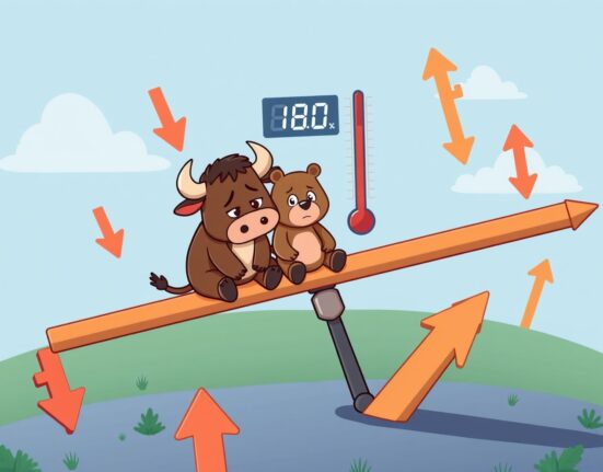 Cartoon illustration of the Crypto Fear & Greed Index showing extreme market fear with a worried bull and bear.