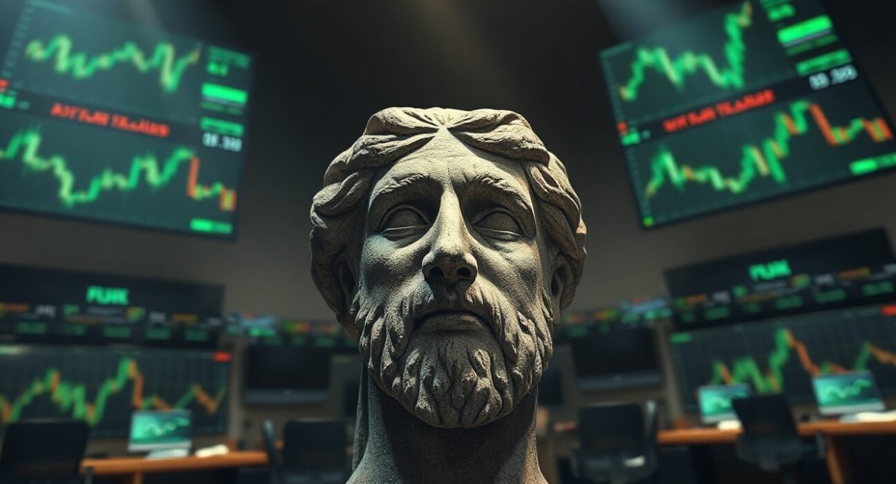 Stone statue with two faces, one fearful, set in a dim trading floor with monitors showing charts, representing crypto market fear.