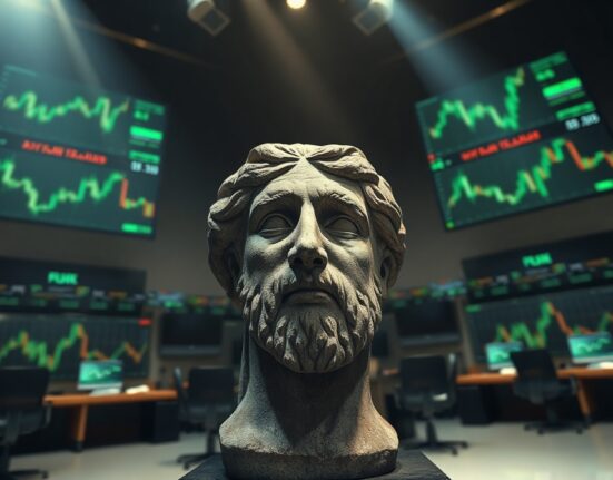 Stone statue with two faces, one fearful, set in a dim trading floor with monitors showing charts, representing crypto market fear.
