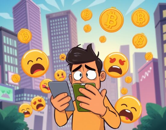 Cartoon illustration showing Crypto Fear & Greed Index measuring extreme market fear with nervous investors