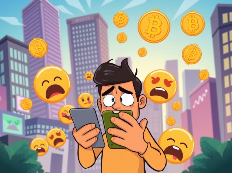 Cartoon illustration showing Crypto Fear & Greed Index measuring extreme market fear with nervous investors