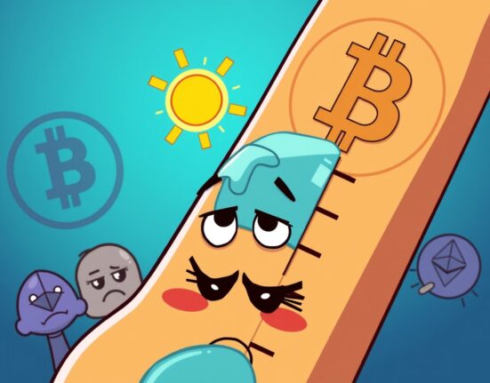 Animated thermometer representing the Crypto Fear & Greed Index showing a low reading with a hopeful sun.