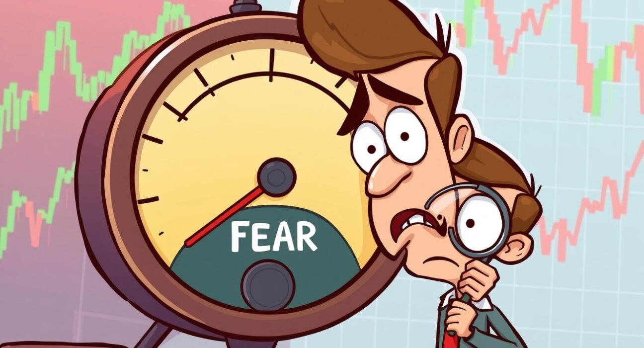 An illustration of the Crypto Fear & Greed Index showing a nervous investor analyzing market fear signals.