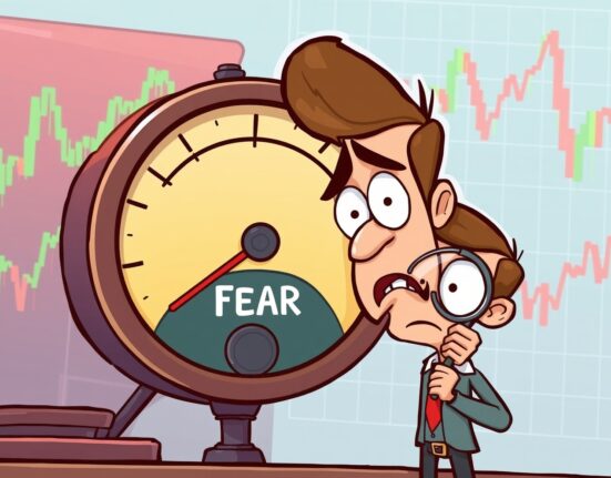 An illustration of the Crypto Fear & Greed Index showing a nervous investor analyzing market fear signals.