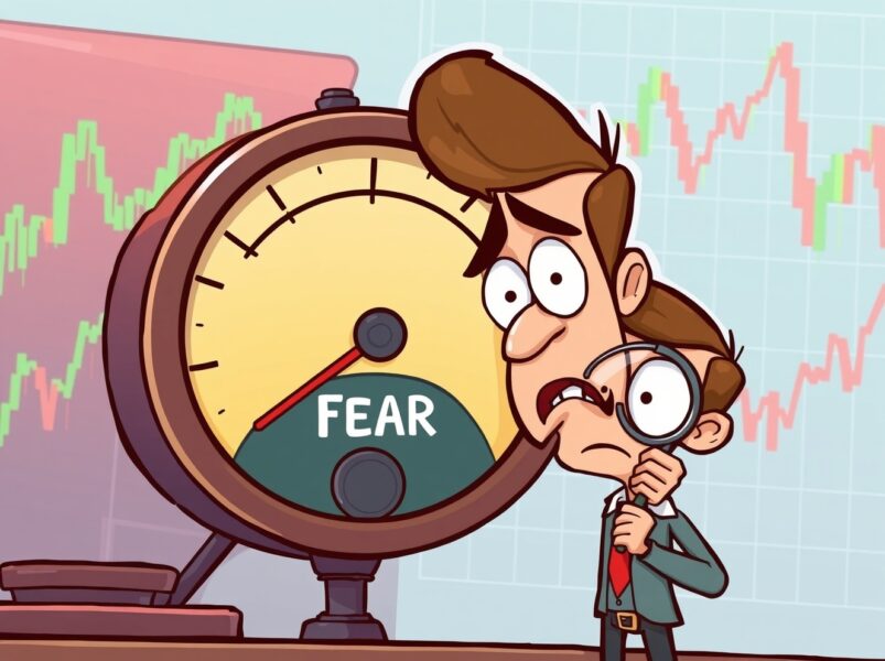 An illustration of the Crypto Fear & Greed Index showing a nervous investor analyzing market fear signals.