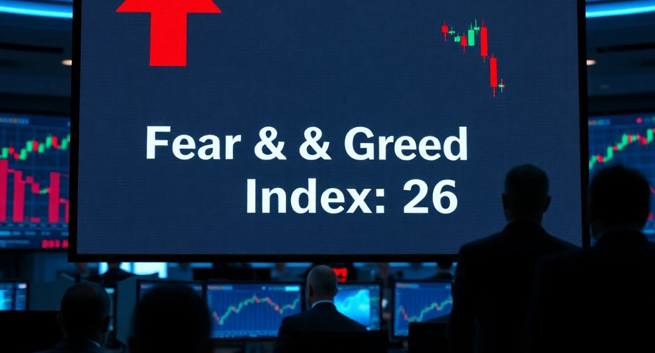 Digital display showing Fear and Greed Index at 26 in a dimly lit trading floor with monitors in background.