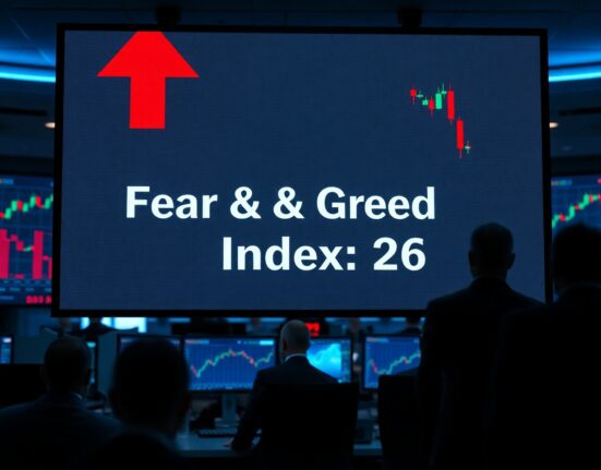 Digital display showing Fear and Greed Index at 26 in a dimly lit trading floor with monitors in background.