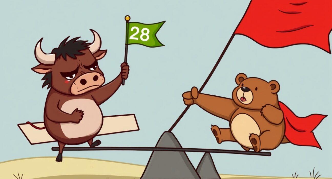 Cartoon bull and bear on a seesaw representing the Crypto Fear & Greed Index at 28.