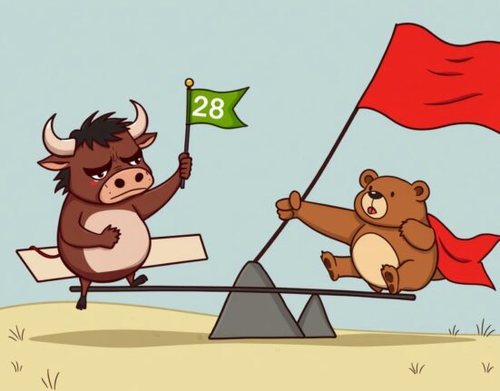 Cartoon bull and bear on a seesaw representing the Crypto Fear & Greed Index at 28.