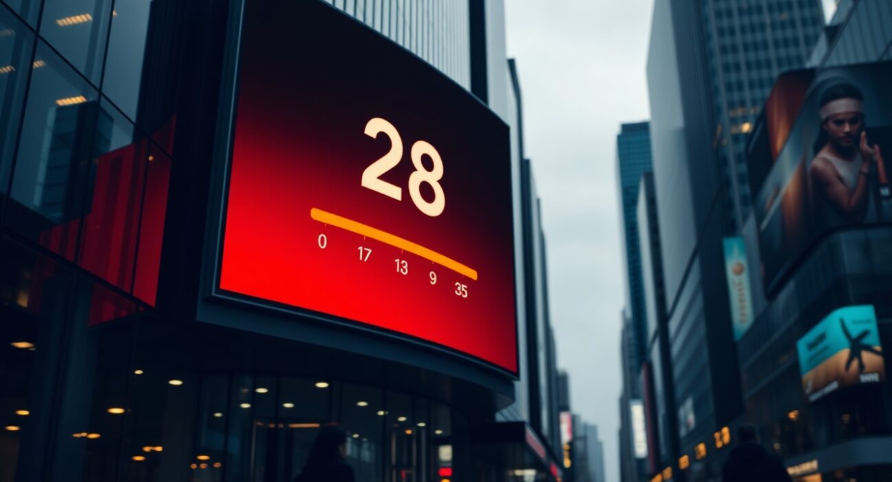 A large digital billboard displaying the Crypto Fear & Greed Index at 28, indicating market fear, in a nighttime urban setting.