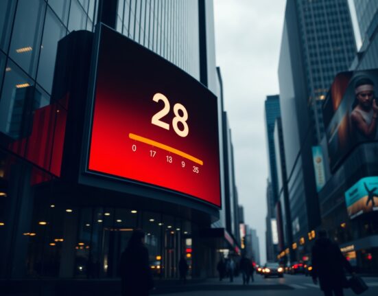 A large digital billboard displaying the Crypto Fear & Greed Index at 28, indicating market fear, in a nighttime urban setting.